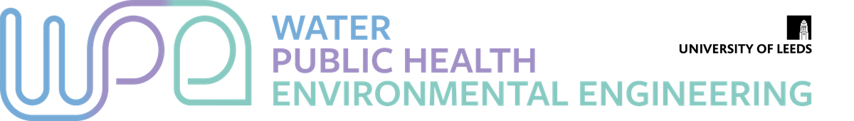 The WPE logo: a monoline monogram of the letters W, P and E drawn as one continuous line in a blue, purple and teal gradient, set beside the words Water, Public Health, Environmental Engineering and the University of Leeds mark