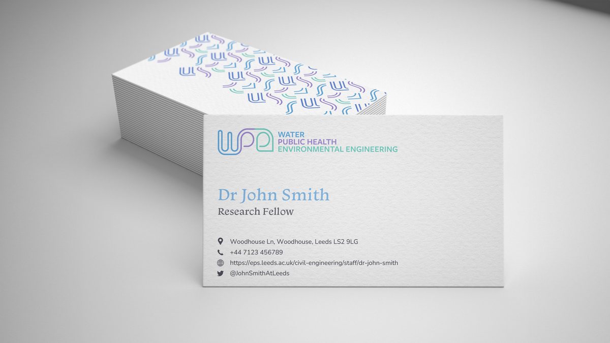 Mock-up of WPE business cards: a stack printed with the colour brand pattern, and a front face carrying the logo, a name set in Monarcha, and contact details