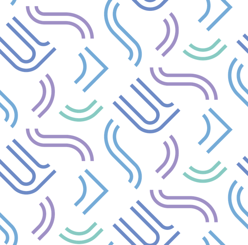 A seamless tile of small curved and angular strokes taken from the WPE monogram, in blue, purple and teal on white