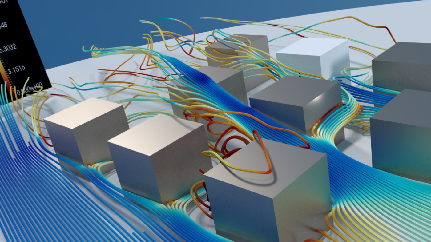 Computational fluid dynamics simulation of wind flowing around an array of cubic buildings, with streamlines coloured by velocity and vortex structures picked out